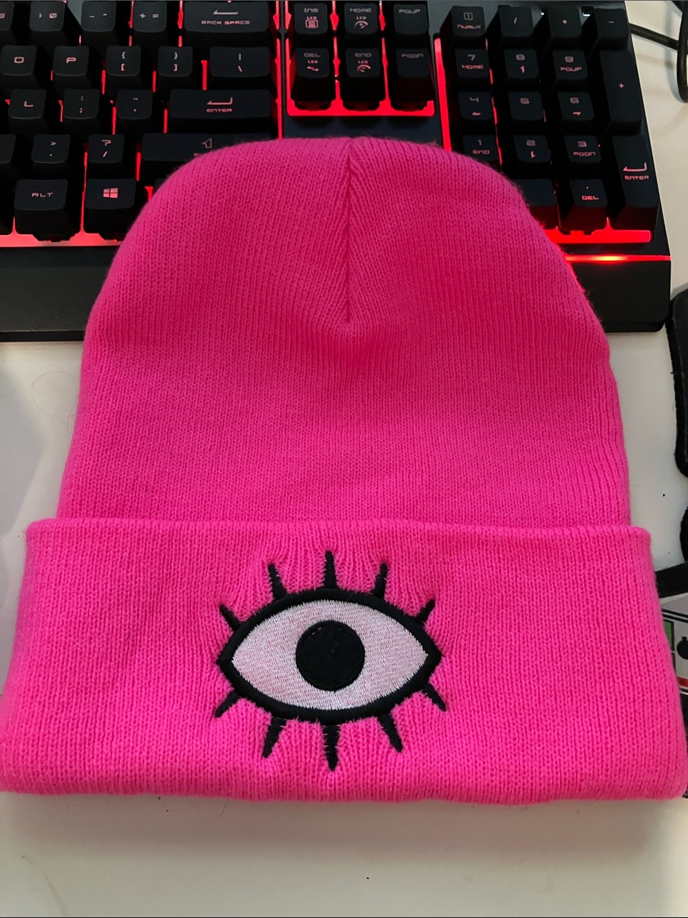 NWOT Third Eye Woke Face Beanie Neon Fuschia